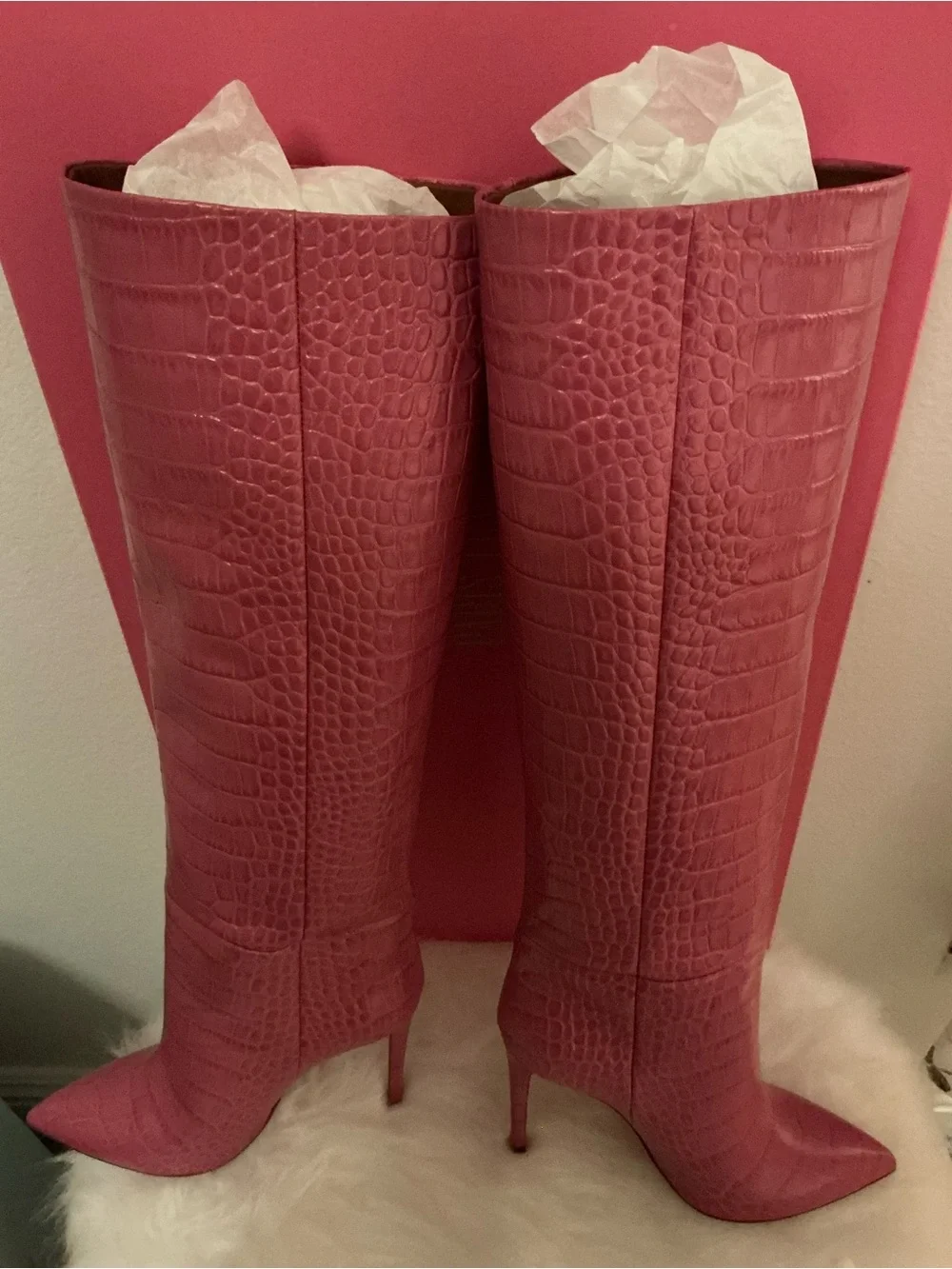 Paris Texas Pink Croc-Embossed Knee-High Pointed Toe Boots - Picture 5 of 9